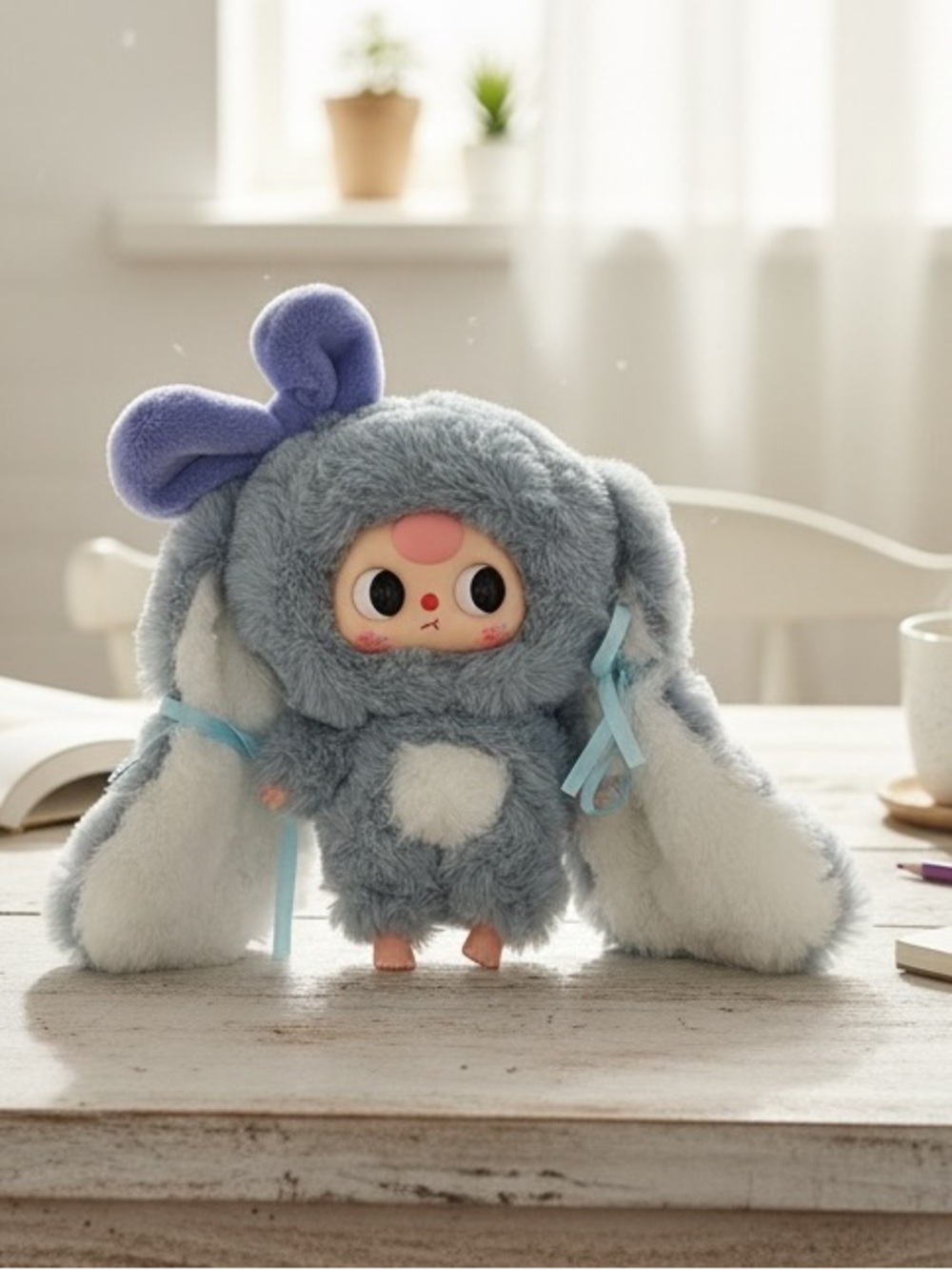 Baby Three Little Rabbit Plush Doll Pendant Keychain Grey White 8” Fluffy